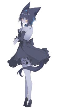 1girl absurdres animal_ears animal_nose astra_chichi back back_bow backless_dress backless_outfit black_bow black_dress black_hair blue_hair blush bow butterfly_on_leg colored_inner_hair commentary_request dress fang frilled_dress frills full_body furry furry_female high_heels highres jewelry median_furrow multicolored_hair namo_(sani_yang's_laboratory) open_mouth ring sani_yang's_laboratory shoulder_blades simple_background solo tail thigh_strap wedding_ring white_background wolf_ears wolf_girl wolf_tail yellow_eyes
