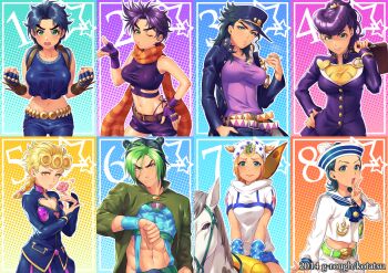 1boy 6+girls blonde_hair blouse blue_eyes blue_shirt braid breasts cleavage_cutout clothing_cutout cowboy_shot dated double_bun frown genderswap genderswap_(mtf) giorno_giovanna green_eyes green_hair hair_bun halftone hand_on_own_hip hat higashikata_josuke higashikata_josuke_(jojolion) highres horse johnny_joestar jojo_no_kimyou_na_bouken jojolion jonathan_joestar joseph_joestar joseph_joestar_(young) kotatsu_(g-rough) kuujou_jolyne kuujou_joutarou long_hair looking_at_viewer male_focus medium_breasts midriff multicolored_hair multiple_girls panties peaked_cap pompadour ponytail purple_hair purple_panties purple_shirt scarf shirt short_hair short_shorts shorts single_braid standing steel_ball_run striped_clothes striped_scarf thick_eyebrows thighhighs two-tone_hair underwear vento_aureo