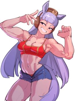 1girl abs alternate_muscle_size animal_ears biceps blunt_bangs bow crop_top cutoffs denim denim_shorts flexing gold_ship_(umamusume) highres horse_ears horse_girl horse_tail long_hair muscular muscular_female nudiedoodles obliques open_clothes open_shorts pillbox_hat purple_eyes red_tank_top shorts tail tank_top umamusume