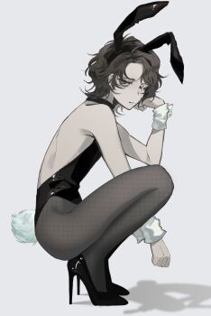 1boy alternate_costume animal_ear_hairband animal_ears annoyed black_pantyhose black_shoes brown_eyes brown_hair crossdressing crossdressing_(mtf) fake_animal_ears ganfanlaoguowanghaimouren hairband half-closed_eyes high_heels highres identity_v looking_at_viewer male_focus male_playboy_bunny matthias_czernin one_eye_closed pantyhose profile pumps rabbit_ear_hairband rabbit_ears rabbit_tail shoes solo squatting stitched_eye stitched_mouth stitches tail wavy_hair white_wrist_cuffs wrist_cuffs
