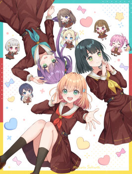6+girls :d ^_^ ahoge anyoji_hime aqua_border aqua_eyes aqua_neckerchief artist_name black_hair black_pantyhose black_ribbon blonde_hair blue_eyes blue_ribbon blunt_bangs blunt_ends bob_cut border bow braid brown_cardigan brown_dress brown_hair brown_shoes cardigan center-flap_bangs cerise_bouquet chibi chibi_inset closed_eyes closed_mouth colored_inner_hair commentary_request diagonal_bangs dress feet_out_of_frame flower fujishima_megumi gradient_hair green_eyes grey_hair hair_bun hair_flower hair_ornament hair_ribbon hasu_no_sora_school_uniform heart highres hinoshita_kaho hood hood_down hooded_jacket interlocked_fingers jacket kachimachi_kosuzu leg_up link!_like!_love_live! loafers long_hair long_sleeves looking_at_viewer love_live! low_twintails medium_dress medium_hair momose_ginko multi-tied_hair multicolored_border multicolored_hair multiple_girls murano_sayaka neckerchief open_cardigan open_clothes open_jacket open_mouth orange_hair osawa_rurino otomune_kozue outstretched_arm own_hands_together pantyhose parted_bangs pink_flower pink_hair pink_jacket pleated_dress ponytail purple_eyes purple_hair rabbit_hair_ornament red_border red_eyes red_flower red_hair red_neckerchief ribbon sailor_collar sailor_dress sakurai_makoto_(custom_size) school_uniform shoes short_hair side_braids side_ponytail sidelocks single_side_bun smile socks split_mouth star_(symbol) star_hair_ornament streaked_hair tassel tassel_hair_ornament teeth twintails two_side_up upper_teeth_only virtual_youtuber watermark watermark_grid white_background white_sailor_collar white_socks winter_uniform yellow_border yellow_neckerchief yugiri_tsuzuri