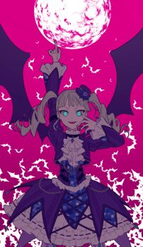 1girl :d aikatsu! aikatsu!_(series) arm_up ascot bad_id bad_twitter_id bat_(animal) bat_wings blue_eyes blunt_bangs cowboy_shot cropped_jacket dress drill_hair fangs frilled_dress frills full_moon glowing glowing_eyes gothic_lolita hand_up highres idol_clothes image_sample jacket lolita_fashion long_hair long_sleeves looking_at_viewer moon open_mouth pink_background pointing pointing_up purple_dress purple_jacket purple_wings shiontaso smile solo standing todo_yurika twin_drills twintails twitter_sample white_ascot wings