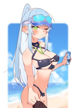 absurdres beach bikini black_bikini blue_hair blue_sky blurry blurry_background breasts cloud commentary_request day eyepatch_bikini girls'_frontline girls'_frontline_2:_exilium goggles goggles_on_head green_eyes highres hk416_(girls'_frontline) holding klukai_(cerulean_breaker)_(girls'_frontline_2) klukai_(girls'_frontline_2) long_hair looking_at_viewer medium_breasts navel ocean official_alternate_costume one_eye_closed outdoors ponytail rasusurasu sky summer swimsuit visor_cap wet