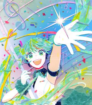 1girl :d absurdres ahoge aqua_eyes aqua_hair aqua_necktie arm_strap arm_up art_brush artist_name cheering collared_shirt colored_eyelashes commentary commentary_request dot_nose english_commentary floating_hair gloves gradient_background guitar hand_up hatsune_miku highres holding holding_pole instrument long_hair masking_tape_(medium) mixed-language_commentary mixed_media multicolored_eyes multicolored_hair musical_staff necktie open_mouth paintbrush pole reaching reaching_towards_viewer ribbon ryono scrunchie shirt sleeveless sleeveless_shirt smile solo sparkle standard_bearer stylus teeth traditional_media treble_clef twintails unconventional_media upper_body upper_teeth_only vocaloid watermark white_gloves white_shirt wispy_bangs wrist_scrunchie yellow_ribbon