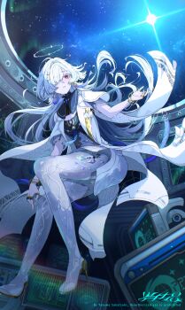 1girl absurdres breasts commentary dress earrings full_body grey_hair hair_intakes hair_ornament hair_over_one_eye halo hand_up high_heels highres id_card jacket jewelry long_hair looking_to_the_side mornye_(wuthering_waves) night parted_lips purple_dress red_eyes sakatsuki_yakumo see-through_body sky small_breasts solo space star_(sky) starry_sky tacet_mark_(wuthering_waves) triangle_earrings turning_head watermark white_jacket wuthering_waves