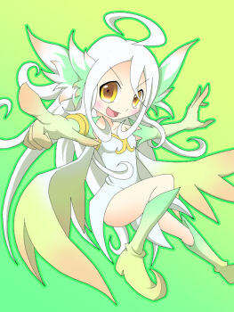 1girl ahoge amauchi bare_shoulders blush breasts commentary_request elbow_gloves fairy flat_chest gloves gradient_background green_background green_gloves green_hair green_outline leotard long_hair looking_at_viewer mon-musu_quest! monster_girl multicolored_hair open_mouth outline partial_commentary pointing pointing_at_viewer sidelocks smile solo sylph_(mon-musu_quest!) yellow_eyes