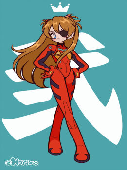1girl artist_name blue_eyes bodysuit brown_hair drawn_crown eyepatch full_body hands_on_own_hips highres interface_headset_(evangelion) long_hair looking_at_viewer mecha_pilot_suit neon_genesis_evangelion norixio plugsuit_(evangelion) red_bodysuit solo souryuu_asuka_langley standing wide_hips