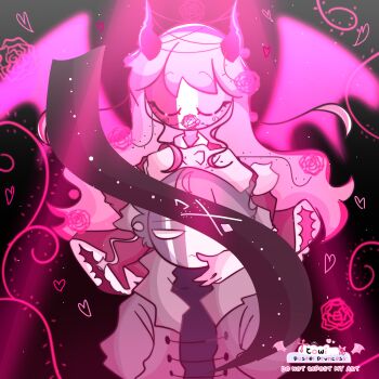 Rule 34 | 1boy, 1girl, absurdres, black background, black dress, black horns, blue shirt, buttons, closed eyes, clothes lift, coat, collared shirt, couple, demon girl, demon horns, demon wings, dress, dress lift, expressionless, eyebrows, eyelashes, eyepatch, flower, flower on mouth, friday night funkin', fur-trimmed coat, fur-trimmed jacket, fur trim, grey hair, grey jacket, hair between eyes, hair flower, hair ornament, hand in pocket, hat, heart, hetero, highres, horns, jacket, jitome, lolita fashion, long hair, long sleeves, no humans, nun, pastelprvncess, petals, pink flower, pink hair, pink rose, pink wings, rose, rose petals, russian clothes, ruvyzvat (friday night funkin'), sarvente (friday night funkin'), shirt, short hair, toon (style), twitter username, very long hair, wings