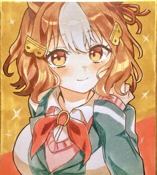 1girl animal_ears belno_light_(umamusume) bow brown_eyes brown_hair closed_mouth collared_shirt commentary_request ear_ribbon hair_ornament highres horse_ears horse_girl kaoru_(h8qm9) kasamatsu_tracen_school_uniform letter_hair_ornament long_sleeves looking_at_viewer multicolored_hair neckerchief pink_sweater red_background red_neckerchief red_ribbon ribbon school_uniform shikishi shirt short_hair smile solo streaked_hair sweater traditional_media two-tone_background two-tone_hair umamusume umamusume:_cinderella_gray upper_body white_shirt