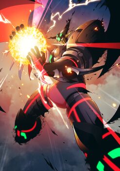 cloud darkness electricity energy_ball floating gamiani_zero getter_robo getter_robo_arc glowing highres horns mask mecha mecha_focus no_humans robot shin_getter_tarak sky solo spikes stoner_sunshine super_robot wings yellow_eyes