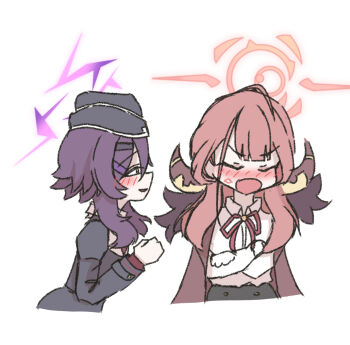 2girls aru_(blue_archive) ayo5108 black_hat black_jacket black_skirt blue_archive blush brown_hair brown_jacket closed_eyes collared_shirt commentary crossed_arms dress_shirt garrison_cap hair_between_eyes halo haruka_(blue_archive) hat horns implied_yuri jacket jacket_on_shoulders lipstick_mark long_hair long_sleeves multiple_girls neck_ribbon nose_blush open_mouth parted_lips profile purple_eyes purple_hair red_ribbon ribbon shirt simple_background skirt smile white_background white_shirt