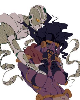 absurdres arbitrium artist_name black_hair colored_skin fingerless_gloves gloves hierophant_green highres jojo_no_kimyou_na_bouken long_hair purple_skin stand_(jojo) star_platinum stardust_crusaders white_background