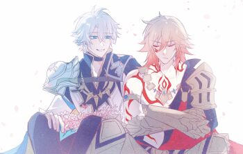 2boys antenna_hair arm_tattoo armlet armor black_choker black_coat black_shirt blonde_hair blue_cape blue_eyes braid cape chest_tattoo choker clawed_gauntlets closed_eyes coat crossed_arms earrings facial_tattoo gold_earrings gold_necklace gradient_hair highres honkai:_star_rail honkai_(series) jewelry male_focus medium_hair multicolored_hair multiple_boys mydei_(honkai:_star_rail) neck_tattoo necklace open_clothes open_coat ozshengrikakeyizailaiyizhangma parted_bangs pauldrons phainon_(honkai:_star_rail) red_cape red_hair red_tattoo shirt short_hair shoulder_armor side_braid simple_background single_pauldron tattoo white_background white_coat white_hair