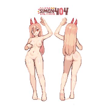 Rule 34 | 1girl, ass, barefoot, blonde hair, chainsaw man, commentary, completely nude, demon horns, english commentary, from behind, highres, horns, long hair, looking at viewer, mons pubis, multiple views, navel, nipples, nude, pixel art, power (chainsaw man), pussy, red eyes, signature, sim0n404, simple background, stomach, turnaround, waving, white background