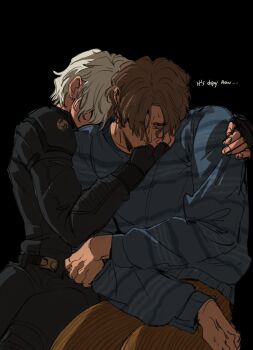 1boy 1girl belt black_background black_belt black_bodysuit black_gloves blue_shirt bodysuit brown_hair brown_pants closed_eyes covered_mouth earrings english_text fingerless_gloves fingernails gloves hand_on_another's_face highres hand_on_own_arm hug jewelry long_sleeves marvel marvel mcbuckwheat pants puffy_long_sleeves puffy_sleeves sentry_(marvel) shirt short_hair simple_background sitting striped_clothes striped_pants striped_shirt superhero_costume thunderbolts_(movie) vertical-striped_clothes vertical-striped_pants white_hair yelena_belova