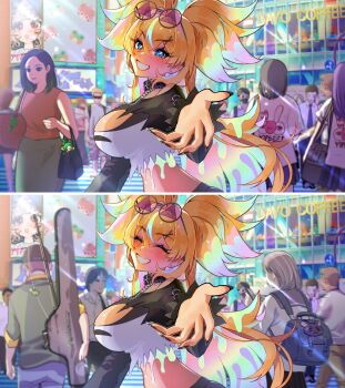 absurdres arielle_(vtuber) backpack bag black_nails black_shirt blonde_hair blue_eyes breasts chain city cleavage collar highres huge_breasts indie_virtual_youtuber large_breasts long_hair multicolored_hair multiple_others narrow_waist outdoors rainbow_hair reaching reaching_towards_viewer road shibuya_scramble_crossing shirt smile strapless street sunglasses tube_top virtual_youtuber white_tube_top yuarima2