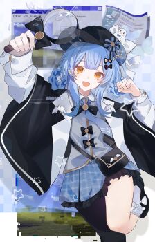 1girl absurdres asymmetrical_legwear black_bag black_bow black_capelet black_hat black_pantyhose black_shoes blue_hair blue_necktie blue_skirt bow braid braided_hair_rings capelet collared_shirt deerstalker frilled_skirt frills glass_shards glitch grey_vest hair_bow hair_rings hat highres holding holding_magnifying_glass long_sleeves looking_at_viewer magnifying_glass mahou_shoujo_no_majo_saiban necktie open_mouth pantyhose plaid_clothes plaid_skirt pleated_skirt shirt shoes short_hair single_leg_pantyhose skirt smile socks solo star_(symbol) tachibana_sherry vest white_shirt white_socks window_(computing) xiao_chen_sinkerr yellow_eyes