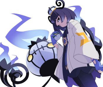 1girl black_hair black_pantyhose blue_gloves chandelure closed_mouth commentary gen_5_pokemon gloves gwynn_(pokemon) hat highres holding holding_poke_ball jacket long_sleeves mixed-language_commentary multicolored_hair nest_ball nintendo open_clothes open_jacket pantyhose partially_fingerless_gloves poke_ball pokemon pokemon_(creature) pokemon_legends:_z-a purple_eyes purple_hair short_hair simple_background white_background white_jacket yachima_tana