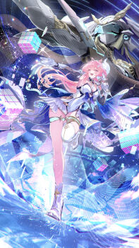 Rule 34 | 1girl, absurdres, aemeath (wuthering waves), breasts, chromatic aberration, commentary request, exostrider (wuthering waves), glitch, hair ornament, highres, holding, holding microphone, leotard, long hair, mecha, medium breasts, microphone, outstretched arm, pink hair, ponytail, robot, solo, thighs, tks 10ru, white leotard, wuthering waves