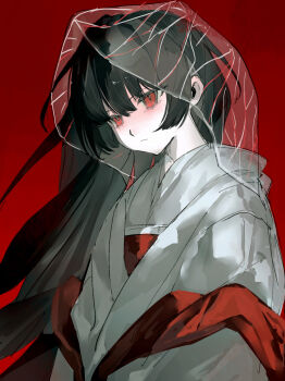 1girl absurdres black_hair closed_mouth commentary e.g.o_(project_moon) expressionless great_trichiliocosm_(e.g.o) hair_between_eyes haori highres japanese_clothes kimono limbus_company liningne long_hair obi project_moon red_background red_eyes red_sash ryoshu_(project_moon) sash see-through_clothes see-through_veil solo symbol-only_commentary upper_body veil very_long_hair white_haori white_kimono
