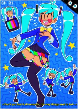 1girl absurdres antenna_hair black_boots black_dress blue_background blue_hair blue_jacket blush blush_stickers boots bow bowtie closed_eyes dancing dress eyes_in_shadow grin hair_ornament hand_on_own_chest hatsune_miku head_rest highres jacket long_hair long_sleeves multiple_views music musical_note open_mouth rukisan(pixiv) school_uniform singing smile spoken_musical_note standing static_(vocaloid) subtitled teeth television test_card thigh_boots tongue tongue_out twintails vocaloid yellow_bow yellow_bowtie