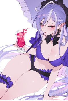 1girl alternate_costume bare_shoulders bikini blush breasts cleavage duplicate hair_spread_out large_breasts long_hair looking_at_viewer mole mole_under_eye navel non-web_source paid_reward_available parasol pointy_ears purple_hair qiandaiyiyu red_eyes solo source_request swimsuit thighs transparent_background umbrella very_long_hair vivian_banshee zenless_zone_zero