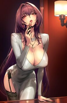Rule 34 | 1girl, absurdres, black thighhighs, blush, breasts, cleavage, commentary, dress, earrings, fate/grand order, fate (series), garter belt, hair intakes, highres, hoop earrings, jewelry, large breasts, lipstick, long hair, long sleeves, looking at viewer, makeup, necklace, parted lips, purple hair, red eyes, ring, rioliogiz, scathach (fate), solo, thighhighs, thighs, untranslatable commentary, white dress