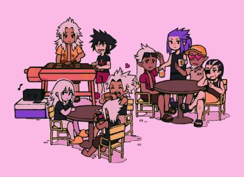 6+boys adjusting_eyewear alternate_costume annoyed ansem_seeker_of_darkness barefoot black_eyes black_footwear black_hair black_shirt black_shorts black_tank_top blue_hair burger chair chibi closed_eyes commentary cooking cooler crocs crossed_arms crossed_legs cup dark-skinned_male dark_road dark_skin drinking_straw eating elbow_rest english_commentary expressionless eyepatch eyewear_on_head facial_hair facial_scar facing_away food full_body grey_facial_hair grey_hair grey_shirt grill grilling hand_on_own_face handheld_game_console hands_up happy hawaiian_shirt heart heart-shaped_eyewear highres holding holding_cup holding_food in-franchise_crossover juice kingdom_hearts kingdom_hearts_birth_by_sleep kingdom_hearts_dark_road kingdom_hearts_i kingdom_hearts_ii leg_hair light_smile long_hair looking_down looking_to_the_side male_focus master_xehanort multicolored_hair multiple_boys musical_note on_chair open_clothes open_mouth open_shirt orange_eyes orange_hair orange_slippers pants pink_background playing_games polo_shirt ponytail red_footwear red_pants red_shirt red_shorts riku_(kingdom_hearts) saix saliva sandals scar scar_on_cheek scar_on_face shadow shirt short_hair short_sleeves shorts sidelocks sitting sleeveless sleeveless_shirt slippers snoozaga speaker spiked_hair spoken_heart streaked_hair summer t-shirt table tank_top terra-xehanort time_paradox vanitas_(kingdom_hearts) white_shorts xehanort_(kingdom_hearts) xemnas xigbar young_xehanort