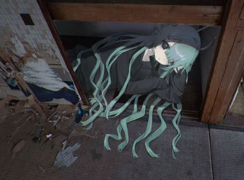 1girl alien antennae aqua_hair black_eyes black_shirt commentary_request hayu_(hayu0305) highres long_hair long_sleeves lying original photo_background shirt solo very_long_hair