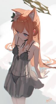 1girl absurdres alternate_costume animal_ear_fluff animal_ears babydoll black_negligee blue_archive cat_ears dan_nako flower hair_flower hair_ornament halo highres lace_trim lingerie long_hair looking_to_the_side mari_(blue_archive) negligee nightgown orange_hair see-through_babydoll see-through_clothes signature solo underwear white_flower yellow_halo