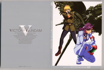 1990s_(style) 2girls absurdres aiming aiming_at_viewer artist_collaboration beam_cannon blonde_hair box_art earth_federation gun gundam handgun helmet highres holding holding_unworn_helmet holster ishigaki_jun'ya junko_jenko katejina_loos kneeling machinery mecha mecha_pilot_suit military_rank_insignia military_uniform mobile_armor multiple_girls official_art ousaka_hiroshi purple_hair retro_artstyle robot scan science_fiction space_helmet title traditional_media unworn_headwear unworn_helmet victory_gundam weapon zanscare