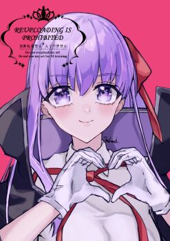 Rule 34 | 1girl, ame 0315, artist name, bb (fate), bb (fate/extra), breasts, collared shirt, commentary request, fate/extra, fate (series), gloves, heart, heart hands, high collar, highres, large breasts, long single sidelock, looking at viewer, pink background, purple eyes, purple hair, red ribbon, ribbon, shirt, simple background, single sidelock, smile, solo, upper body, white gloves, white shirt