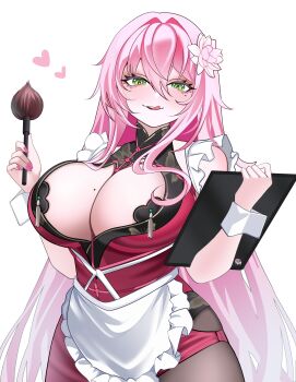 1girl absurdres apron black_pantyhose breasts commentary dress flower goddess_of_victory:_nikke green_eyes hair_flower hair_ornament heart highres holding holding_menu large_breasts licking_lips long_hair looking_at_viewer maid_apron menu mole mole_under_eye pantyhose pasties pink_dress pink_hair simple_background solo tongue tongue_out velmillix velvet_(nikke) very_long_hair white_apron white_background