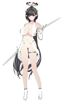 1girl absurdres alternate_ears black_hair blue_archive breasts commentary full_body halo highres holding holding_sword holding_weapon large_breasts long_hair millennium_science_school_logo mizikayo pointy_ears red_eyes rio_(blue_archive) solo standing sword symbol-only_commentary weapon