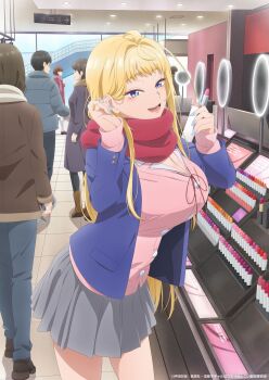 1girl bag black_hair blazer blonde_hair blue_eyes blue_jacket blue_nails breasts brown_footwear brown_hair cleavage dosanko_gal_wa_namaramenkoi fuyuki_minami grey_skirt gyaru hair_behind_ear highres holding indoors jacket large_breasts leaning_forward lipstick long_hair looking_at_viewer makeup multiple_girls neckwear official_art open_mouth pink_shirt pleated_skirt red_neckwear red_scarf scarf school_uniform shirt skirt smile solo_focus standing store