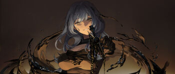 1girl absurdres aiming aiming_at_viewer arcana_(reverse:1999) black_dress black_gloves black_liquid blue_hair breasts cleavage cleavage_cutout clothing_cutout dark_background dress elbow_gloves evil_grin evil_smile gloves grin head_tilt highres holding holding_wand large_breasts liquid long_hair long_sleeves looking_at_viewer official_art pointing_melee_weapon reverse:1999 smile solo underlighting upper_body wand yellow_eyes yetecong