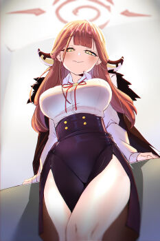 1girl absurdres arm_support aru_(blue_archive) blue_archive blush bob_cut breasts brown_coat brown_horns closed_mouth coat coat_on_shoulders curvy demon_horns desk doyagao eyelashes fur-trimmed_coat fur_trim halo high-waist_skirt highres horns large_breasts leaning_on_table lhofi light_smile long_hair long_sleeves looking_at_viewer neck_ribbon orange_halo pencil_skirt pink_hair ribbon shirt simple_background skirt smile smug solo thick_thighs thighs upper_body white_background yellow_eyes