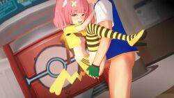 1boy 1girl 3d animal_ears animated ash_ketchum blush brown_eyes censored coral_(pokemon) cosplay feathermapleleaf flat_chest from_side gen_1_pokemon hair_ornament hetero high_heels highres koikatsu_(medium) looking_at_viewer mosaic_censoring nintendo nipples open_mouth paid_reward_available penis pikachu pikachu_(cosplay) pikachu_ears pikachu_tail pink_hair pokemon pokemon_(anime) pokemon_horizons pokemon_tail sex short_hair smile solo_focus striped_clothes striped_thighhighs suspended_congress tail thighhighs vaginal video x_hair_ornament yellow_footwear