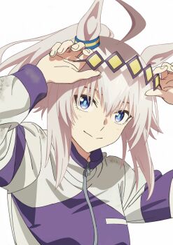 1girl absurdres ahoge animal_ears blue_eyes blush breasts brown_hair closed_mouth cygames dirt dirty dirty_clothes ear_ornament female_focus grey_hair hairband highres horse_ears horse_girl jacket long_hair long_sleeves looking_at_viewer multicolored_hair oguri_cap_(umamusume) ponytail scan simple_background small_breasts smile solo solo_focus track_jacket track_suit two-tone_hair umamusume umamusume:_cinderella_gray white_background