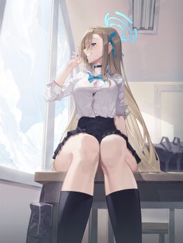 1girl asuna_(blue_archive) asuna_(school_uniform)_(blue_archive) bag black_choker black_skirt black_socks blonde_hair blue_archive blue_bow blue_bowtie blue_eyes blue_halo blue_nails blue_ribbon bow bowtie breasts button_gap choker classroom commentary_request desk from_below grin hair_ribbon hal_(sin_diver) halo highres indoors kneehighs large_breasts long_hair looking_at_viewer official_alternate_costume on_desk pleated_skirt ribbon school_bag school_desk school_uniform shirt sitting skirt sleeves_rolled_up smile socks solo teeth very_long_hair white_shirt