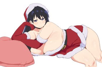 1girl arato_nagi areola_slip bare_shoulders belt black_hair blue_eyes blush breasts cleavage collarbone commentary curvy denpatou dress ear_piercing elbow_gloves fur-trimmed_dress fur-trimmed_gloves fur_trim gloves hair_between_eyes half-closed_eyes hat head_rest highres huge_breasts knees knees_together_feet_apart long_hair looking_at_viewer lying on_side piercing pillow red_dress red_gloves red_hat ruri_no_houseki santa_costume santa_dress santa_hat sleeveless sleeveless_dress smile solo straight_hair strapless strapless_dress symbol-only_commentary thick_arms thick_thighs thighs