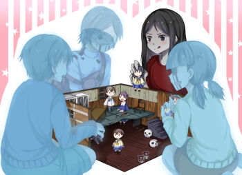 Rule 34 | 1boy, 3girls, black eyes, black hair, blush, corpse party, doll, dollhouse (item), dress, from behind, ghost, kanno yuki, long hair, low twintails, multiple girls, shinozaki sachiko, short hair, shorts, sitting, tongue, tongue out, tsuji tokiko, twintails, tyooo, yoshizawa ryou
