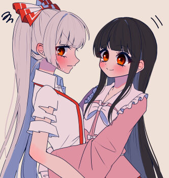 2girls averting_eyes black_hair blush bow bowtie closed_mouth collared_shirt commentary_request frilled_shirt_collar frilled_sleeves frills fujiwara_no_mokou hair_bow highres houraisan_kaguya hug long_hair long_sleeves looking_at_another multiple_girls pink_shirt red_eyes shirt smile squiggle suspenders sweatdrop tamiko_(tamik0224) torn_clothes torn_sleeves touhou very_long_hair white_bow white_bowtie white_shirt wide_sleeves yuri