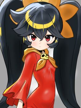 1girl ashley_(warioware) big_hair black_hair breasts closed_mouth detesu dress grey_background hair_between_eyes hairband highres light_blush long_hair long_sleeves looking_at_viewer neckerchief nintendo orange_hairband orange_neckerchief red_dress red_eyes skull_brooch small_breasts solo twintails upper_body very_long_hair warioware