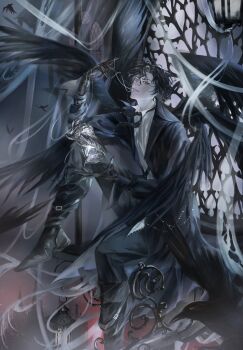 1boy ajsaart amon_(lord_of_the_mysteries) belt bird biting black_coat black_eyes black_gloves black_hair black_wings boots coat collared_shirt crow curtains falling_feathers feathered_wings feathers foot_out_of_frame full_body gloves hand_up hashtag-only_commentary hourglass indoors knee_up looking_at_viewer lord_of_the_mysteries male_focus messy_hair multiple_wings necklace_in_mouth railing shirt short_hair simple_bird sitting smirk solo white_shirt wings