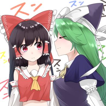 Rule 34 | 2girls, ascot, bow, brown hair, capelet, closed eyes, closed mouth, detached sleeves, facing another, frilled bow, frilled hair tubes, frills, green hair, hair bow, hair tubes, hakurei reimu, hat, hat bow, highres, long hair, looking at another, mima (touhou), multiple girls, neck ribbon, nodoguro (phi-tan), purple capelet, purple hat, red bow, red eyes, ribbon, ribbon-trimmed sleeves, ribbon trim, sweatdrop, touhou, touhou (pc-98), translation request, white bow, wizard hat, yellow ascot, yellow ribbon