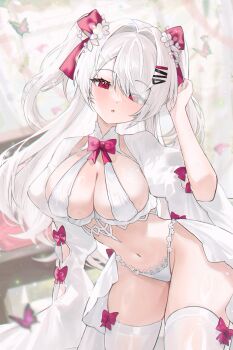 1girl absurdres arm_cutout blurry blush bow bowtie breasts bridal_lingerie bug butterfly center_opening cleavage clothing_cutout commentary commission depth_of_field dutch_angle eyes_visible_through_hair flower groin gurami_(zangizarang) hair_between_eyes hair_flower hair_intakes hair_ornament hair_over_one_eye hair_ribbon hairclip hand_in_own_hair hand_up head_tilt highres insect large_breasts lingerie long_hair long_sleeves looking_at_viewer navel original panties parallel_hairclips parted_lips pink_bow pink_bowtie pink_butterfly pink_eyes pink_ribbon ribbon riche_leilani sideboob solo stomach thigh_bow thighhighs thighs twintails two_side_up underwear very_long_hair white_flower white_hair white_panties white_thighhighs