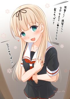 1girl black_shirt black_skirt blonde_hair blunt_bangs commentary_request cowboy_shot fang gradient_background green_eyes grey_background highres kantai_collection long_hair naviyu_elin neckerchief pleated_skirt red_neckerchief sailor_collar shirt skin_fang skirt smile solo translation_request white_background white_sailor_collar yuudachi_(kancolle)