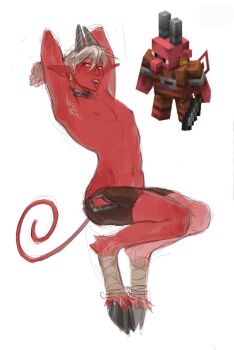 1boy armpit_hair bandaged_leg bandages clothing_cutout colored_skin demon_boy demon_horns demon_tail earrings hip_vent hooves horns jewelry male_focus minecraft mrkbs nipples open_mouth pointy_ears red_skin reference_inset simple_background solo tail white_background white_hair