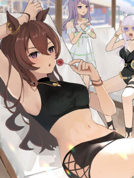3girls ahoge animal_ear_piercing animal_ears bare_arms bare_legs bare_shoulders belt black_choker black_garter black_one-piece_swimsuit black_shoes bracelet breasts choker cleavage cleavage_cutout clothing_cutout collarbone commentary_request ear_ornament ear_piercing eyelashes feet_out_of_frame fingernails frilled_thigh_strap gold_belt gold_bracelet gold_ship_(run_revolt_launcher)_(umamusume) gold_ship_(umamusume) highres horse_ears horse_girl innertube jewelry large_breasts long_hair looking_at_viewer medium_breasts mejiro_mcqueen_(ripple_fairlady)_(umamusume) mejiro_mcqueen_(umamusume) multicolored_innertube multiple_girls multiple_piercings nakayama_festa_(entrust_myself_to_the_dice)_(umamusume) nakayama_festa_(umamusume) one-piece_swimsuit outdoors pendant_choker piercing pool purple_eyes purple_hair shoes shoulder_tattoo sidelocks sitting smile solo_focus sunglasses swim_ring swimsuit tainy_y tattoo thigh_strap triangular_eyewear umamusume upper_body wavy_hair wet wet_hair